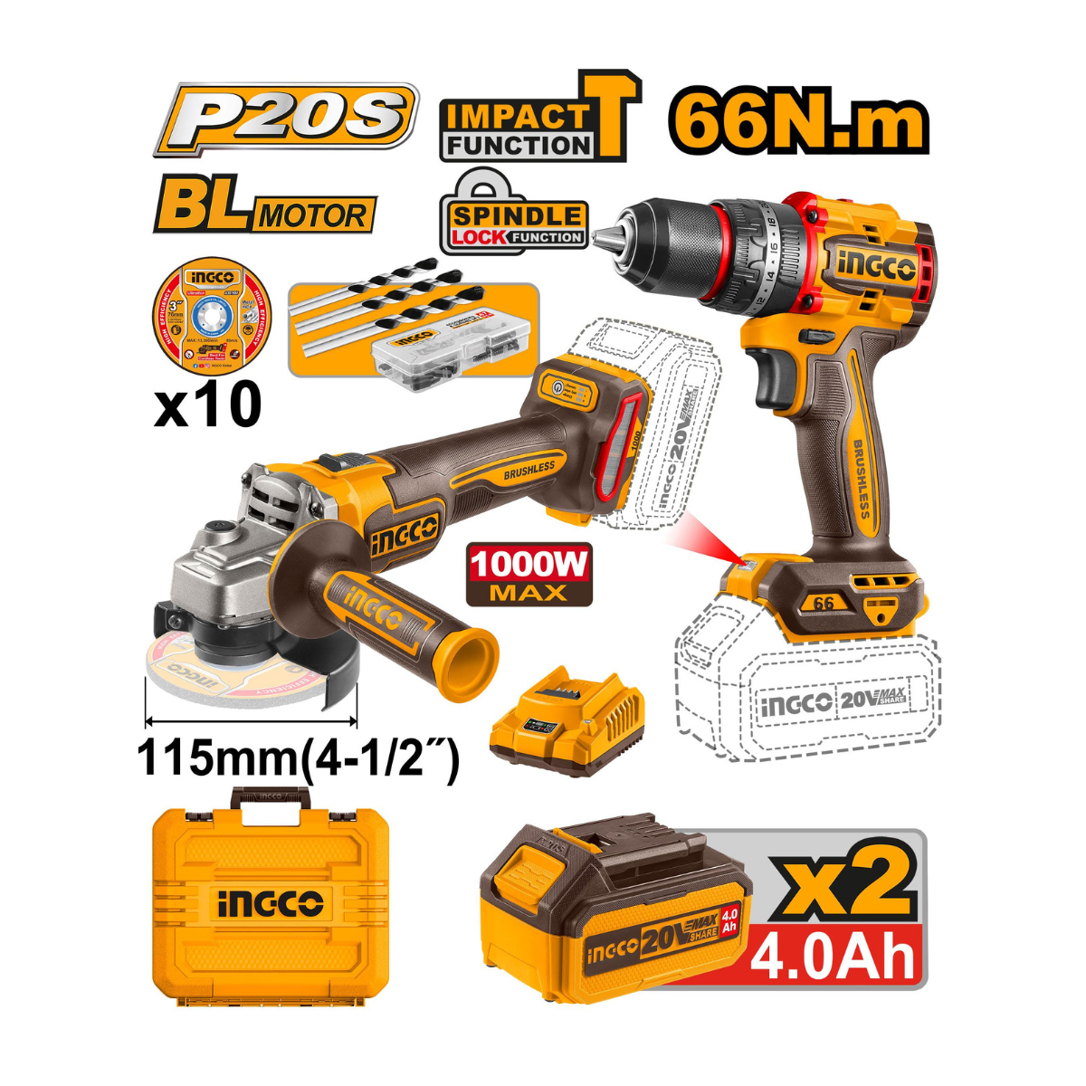 INGCO Ponceuse Vibrante Sans Fil 20V - Ponceuse à Main Quart De Feuille 12000 Tr/min Avec Batterie 2.0Ah