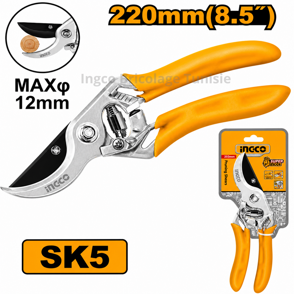Cisaille d’élagage Ingco 8.5 pouces 200 mm HPS0109 avec lame SK5 et poignées ergonomiques pour coupe de branches jusqu’à 12 mm