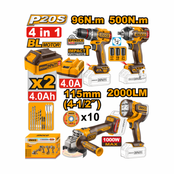 KIT DE BATTERIE 20 V P20S 4 PIÈCES MOTEUR SANS BALAIS AVEC BATTERIES, CHARGEUR, SAC ET ACCESSOIRES INGCO