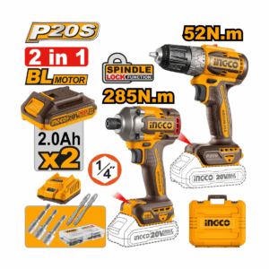 Kit combiné sans fil INGCO 20V avec perceuse sans balais et visseuse à chocs, batteries et accessoires en mallette