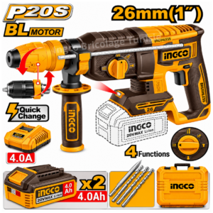 Marteau perforateur sans fil 20 V double mandrin INGCO CRHLI202689 Brushless avec batteries 4 Ah et mallette.