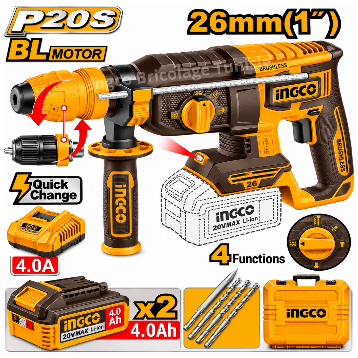 Marteau perforateur sans fil 20 V double mandrin INGCO CRHLI202689 Brushless avec batteries 4 Ah et mallette.