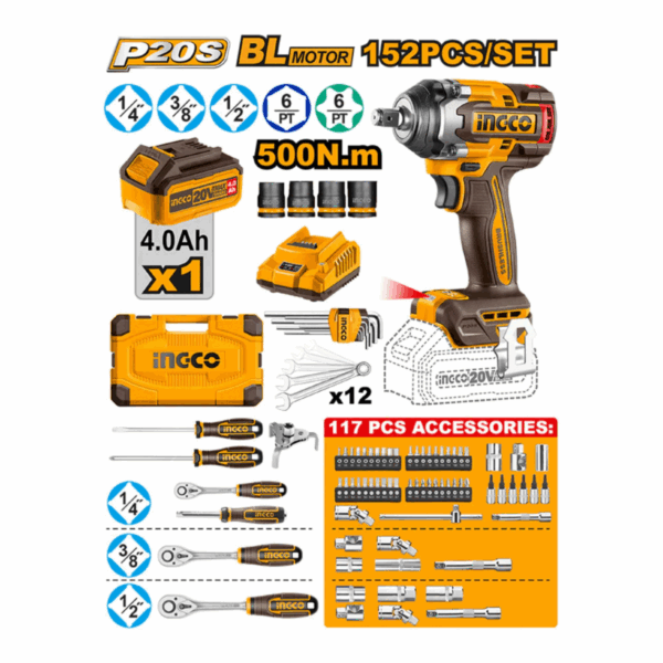 Clé à chocs INGCO 20 V 500 Nm + kit d'outils 152 pièces