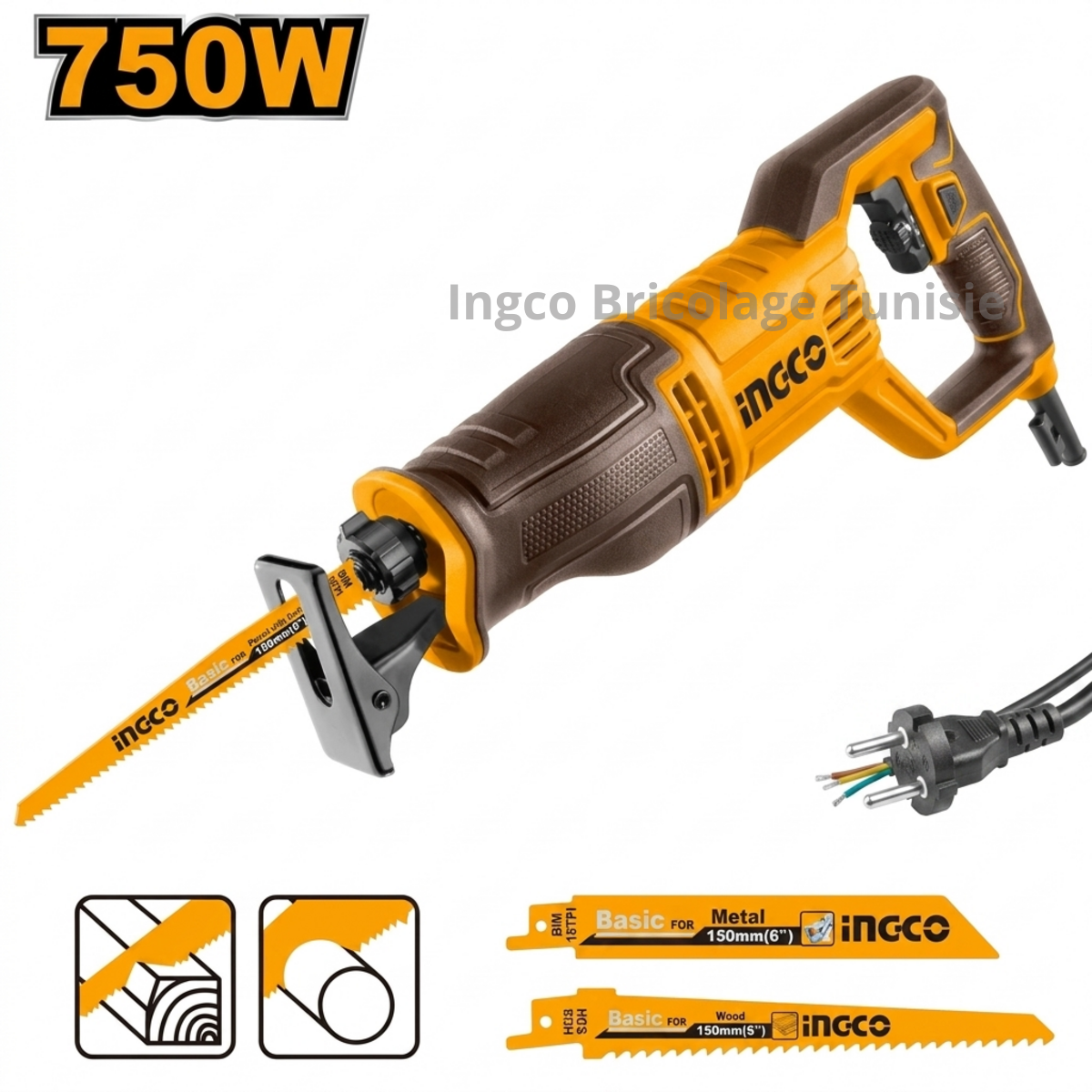 Scie sabre INGCO 750W avec vitesse variable, mandrin SDS et lames pour coupe du bois, acier et aluminium.