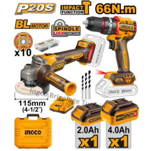 Kit combiné sans fil INGCO 20V avec meuleuse d’angle et perceuse à percussion, batteries lithium-ion et accessoires complets