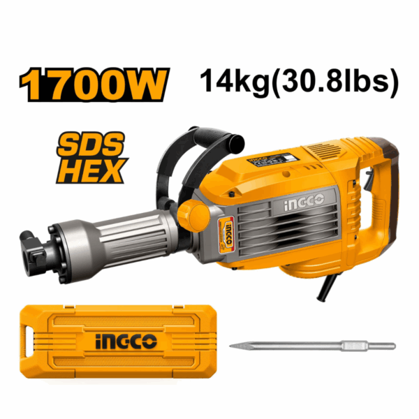 Marteau de démolition INGCO 1700W 14KG SDS HEX C avec étui et pointe