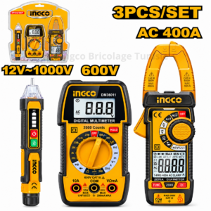 Kit de test électrique INGCO DM3069 avec pince ampèremétrique DCM62001, multimètre DM360011 et détecteur de tension VD100091