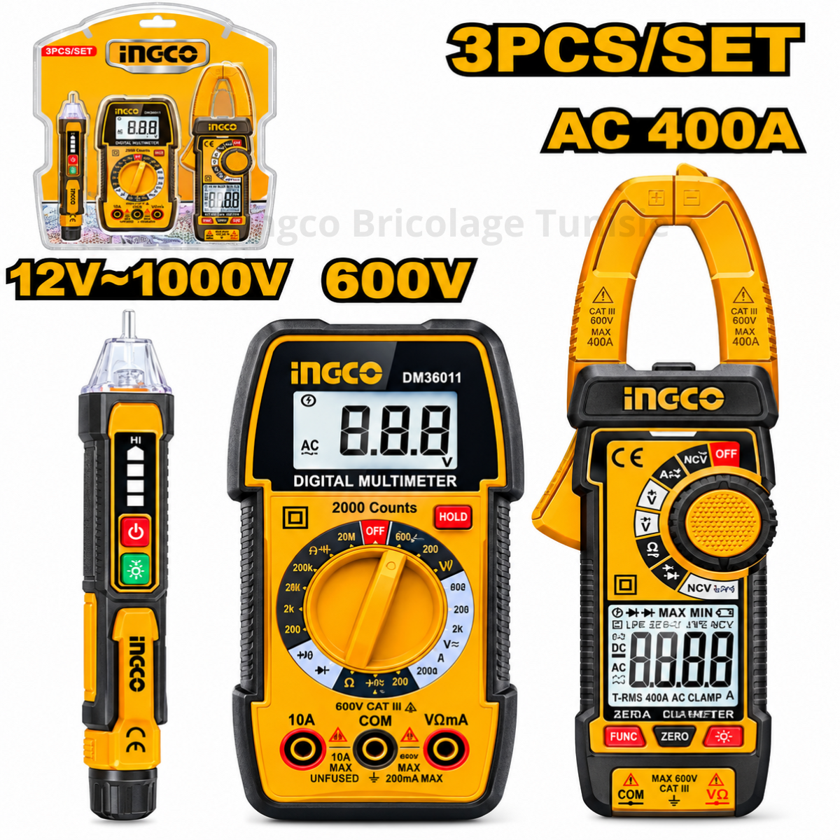 Kit de test électrique INGCO DM3069 avec pince ampèremétrique DCM62001, multimètre DM360011 et détecteur de tension VD100091