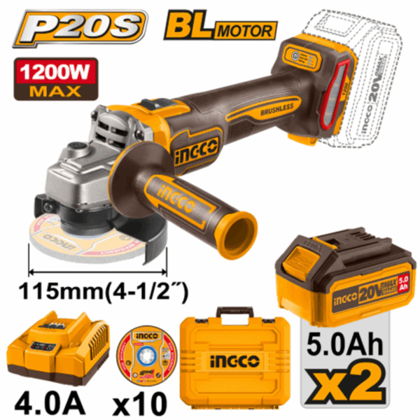 Meuleuse d'angle sans fil Ingco 20 V lithium-ion 115 mm, kit CAGLI2211532
