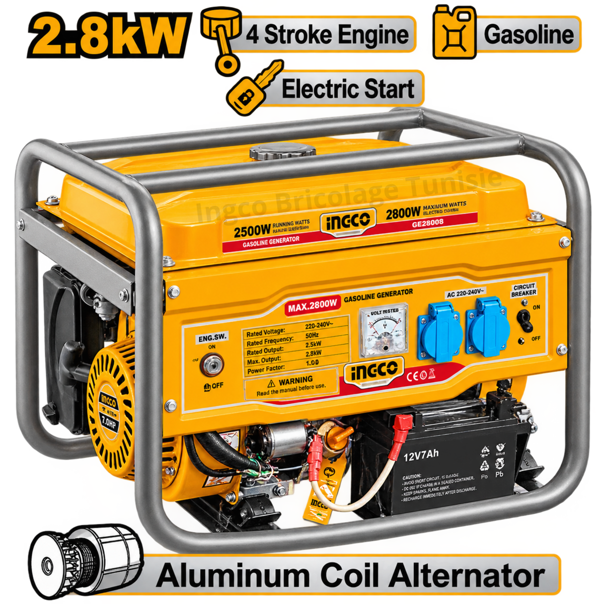 Groupe électrogène INGCO GE30005-1 de 2800 W avec moteur 4 temps OHV et réservoir de 15 litres