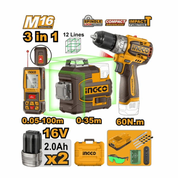 COMBO KIT 3EN1 ME 2 BATTERIES 16V/2.0AH INGCO COSLI250101