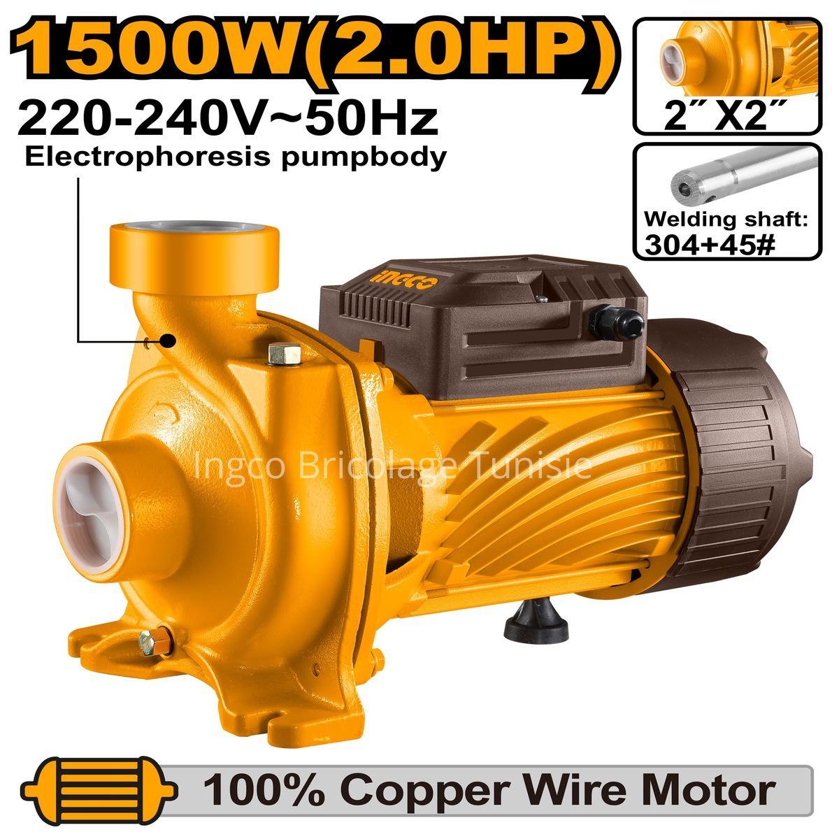 Pompe à eau Ingco 2HP 1500W MHF150068 avec corps résistant, turbine en laiton et débit élevé pour irrigation et usage domestique