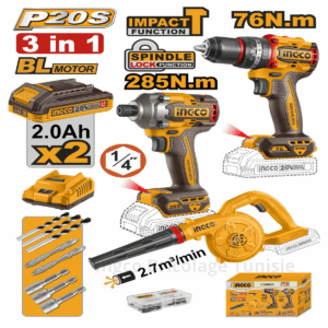 3PCS Combo Kit :Ensemble perceuse à percussion, visseuse à choc et souffleur INGCO 20V  COSLI250182