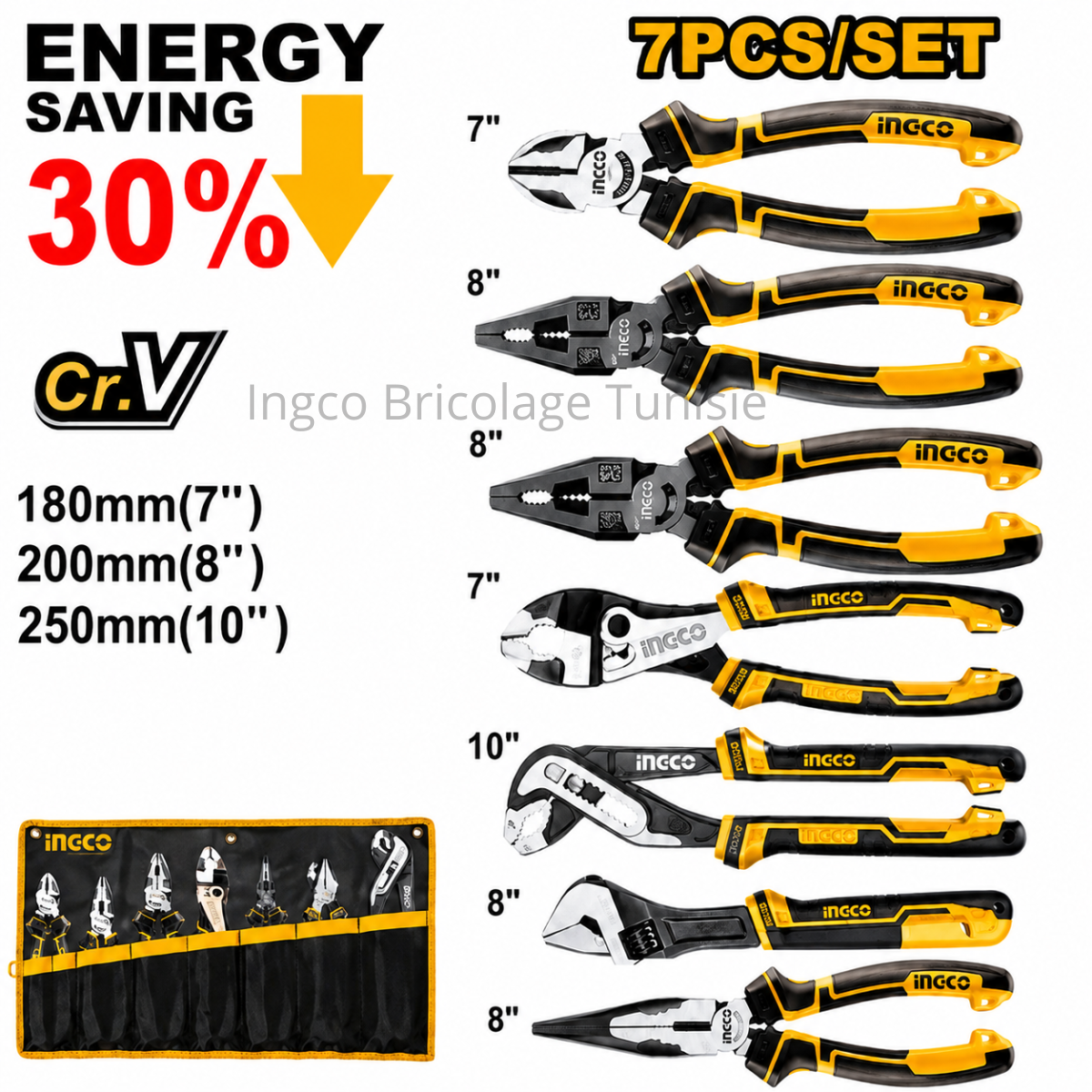 Ensemble de 7 pinces INGCO HKPS28768 en acier chrome-vanadium avec système High Leverage, comprenant pince universelle, pince coupante, pince à bec long, pince multiprise et pince multifonction pour travaux professionnels.