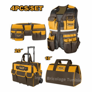 Ensemble INGCO 4 sacs à outils avec sac 16 pouces, tablier, gilet 17 poches et sac à roulettes 20 pouces robuste