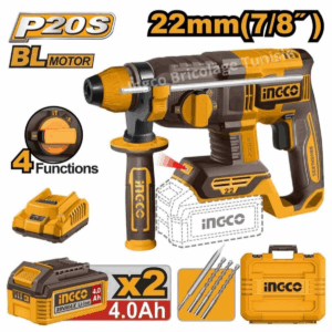 Marteau perforateur sans fil INGCO CRHLI212282 20V 4 modes avec moteur sans balais, mandrin SDS Plus, batteries 4Ah et coffret de transport.