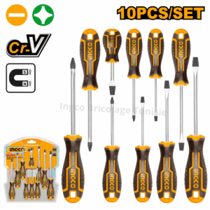 Jeu de tournevis HKSD1028 composé de 10 pièces avec poignées ergonomiques et lames en acier CR-V résistantes pour les travaux de bricolage et de maintenance.