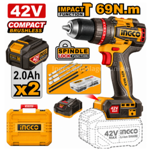 Perceuse à percussion sans fil Ingco 42 V/69 Nm, CIDLI426982 avec 2 batteries 2 Ah et accessoires
