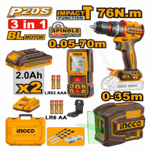 INGCO 3PCS ingco pack-visseuse 76nm-telemetre laser 70m et niveau laser 2L- COSLI250511