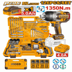Clé à chocs sans fil Ingco 19 mm (3/4") 20 V avec jeu de 126 outils (HKTHP31261)