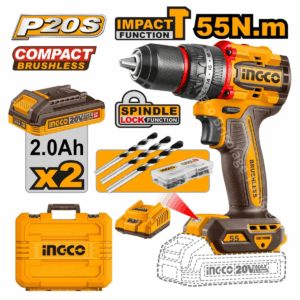 Perceuse à percussion sans fil 55 Nm 20V avec moteur sans balais, mandrin métallique 13 mm et coffret complet avec accessoires
