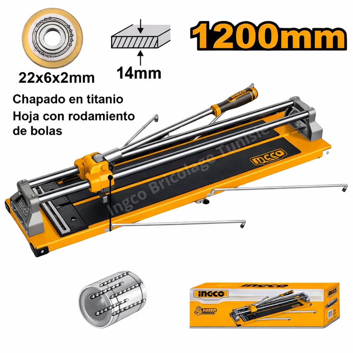 Coupe-carreaux manuel INGCO 1200 mm avec lame en carbure montée sur roulement à billes, base en acier robuste et capacité de coupe jusqu’à 14 mm d’épaisseur