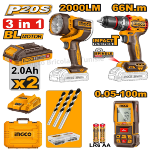 Pack 3 pcs Perceuse sans fil 20 V 66 N·m avec télémètre laser et projecteur COSLI250885