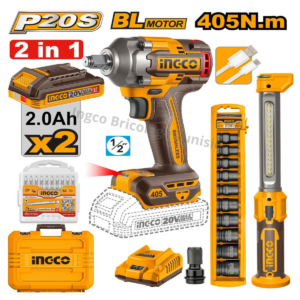 Ensemble clé à chocs sans fil INGCO COSLI23056 20V 405 N.m brushless avec lampe et mallette – INGCO Tunisie
