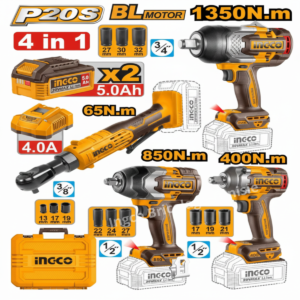 Kit Combo Sans Fil 4 Pièces INGCO COSLI250783 avec clés à chocs brushless, clé à cliquet, batteries 20V, douilles et mallette.