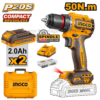 Visseuse perceuse sans fil compacte INGCO CDLI205062 Brushless 20V avec couple de 50 Nm, mandrin métallique de 13 mm, deux batteries 2,0 Ah et 47 accessoires.
