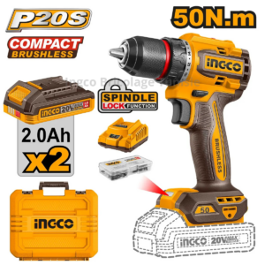 Visseuse perceuse sans fil compacte INGCO CDLI205062 Brushless 20V avec couple de 50 Nm, mandrin métallique de 13 mm, deux batteries 2,0 Ah et 47 accessoires.