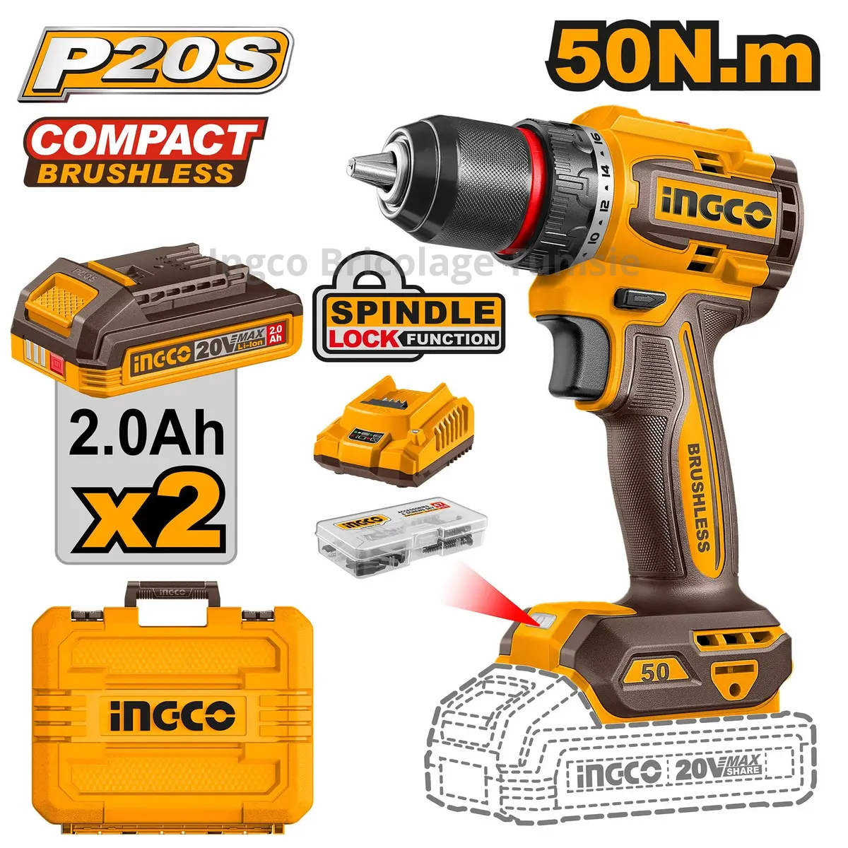 Visseuse perceuse sans fil compacte INGCO CDLI205062 Brushless 20V avec couple de 50 Nm, mandrin métallique de 13 mm, deux batteries 2,0 Ah et 47 accessoires.