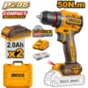Visseuse perceuse sans fil compacte INGCO CDLI205062 Brushless 20V avec couple de 50 Nm, mandrin métallique de 13 mm, deux batteries 2,0 Ah et 47 accessoires.