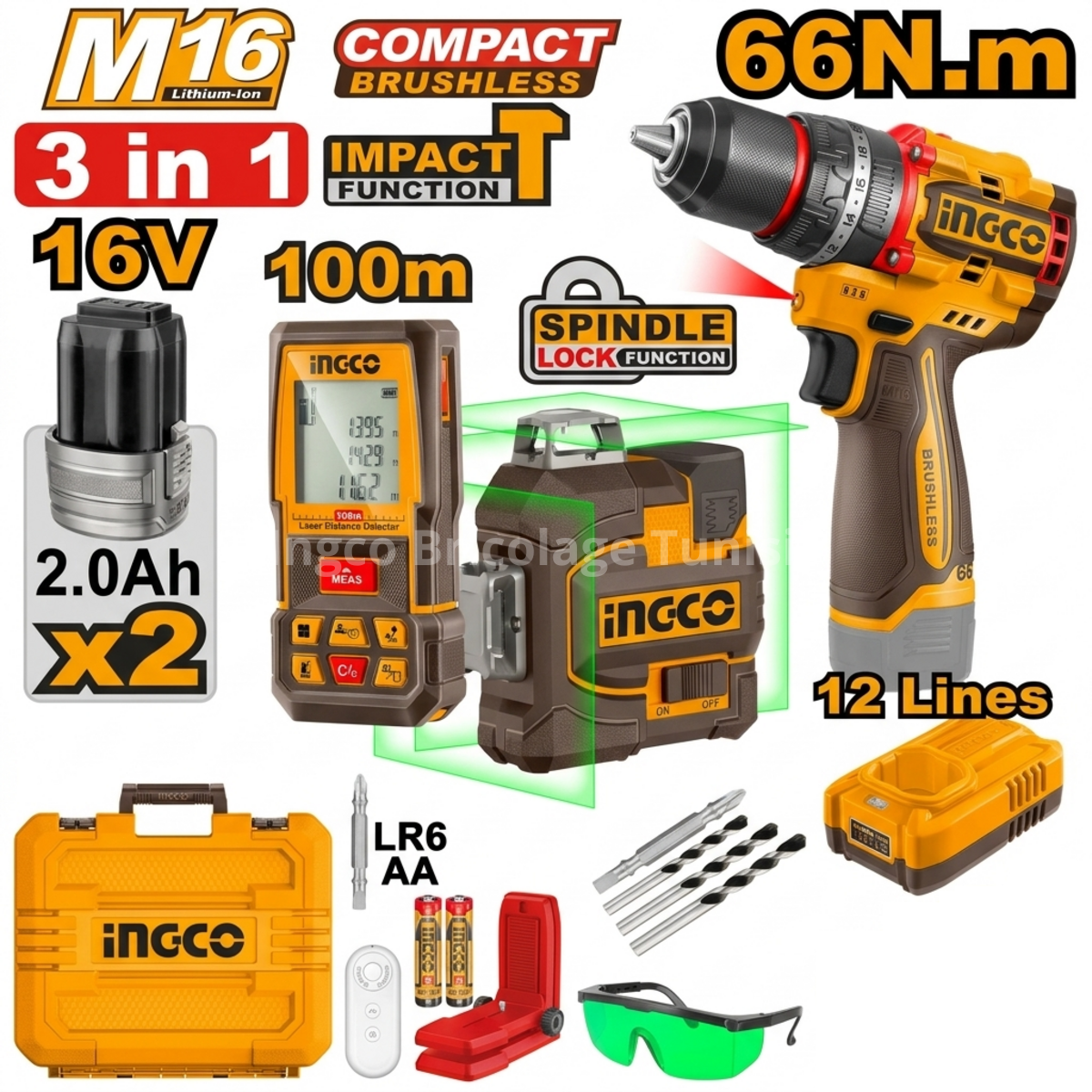 Ensemble de 3 outils sans fil INGCO COSLI250995 16 V avec perceuse à percussion sans balais, niveau laser 3D et télémètre laser pour travaux professionnels