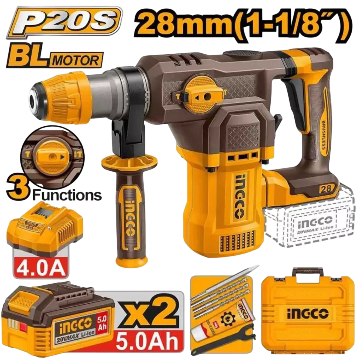 Marteau perforateur sans fil 20V avec deux batterie Li-ion et coffret de transport.