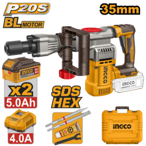 Marteau de démolition sans fil 20V INGCO CDBLI203582 avec moteur brushless, deux batteries de 5,0 Ah et mallette.