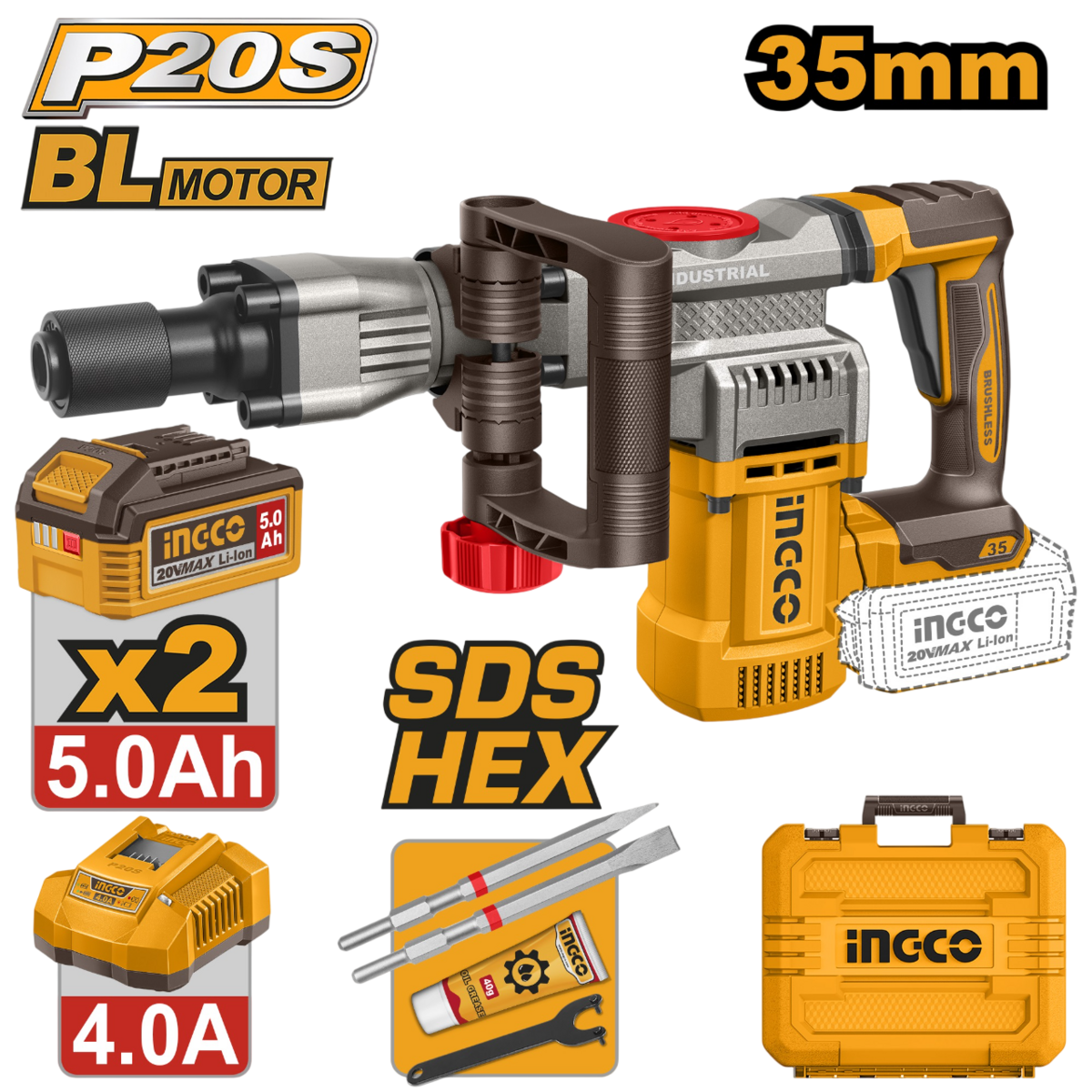 Marteau de démolition sans fil 20 V avec moteur Brushless et mandrin SDS pour béton