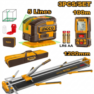 Coffret d’outils 3 pièces INGCO COS251011 pour coupe de carrelage, nivellement et mesure laser.