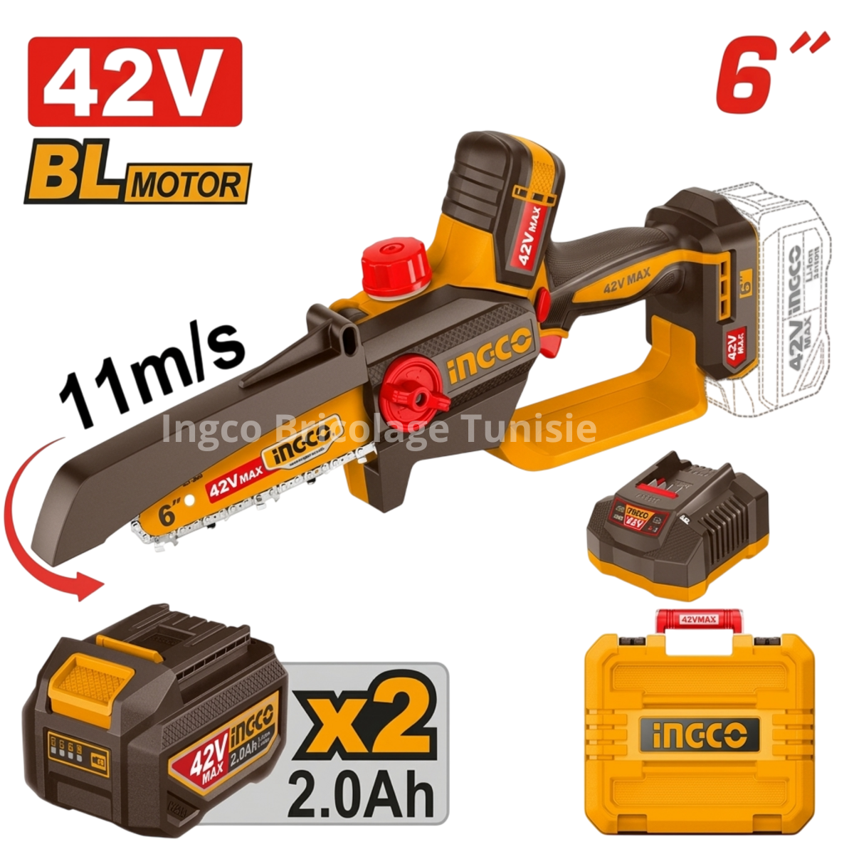 Tronçonneuse électrique INGCO 42V 6 pouces haute performance pour jardin avec système autolubrifiant.