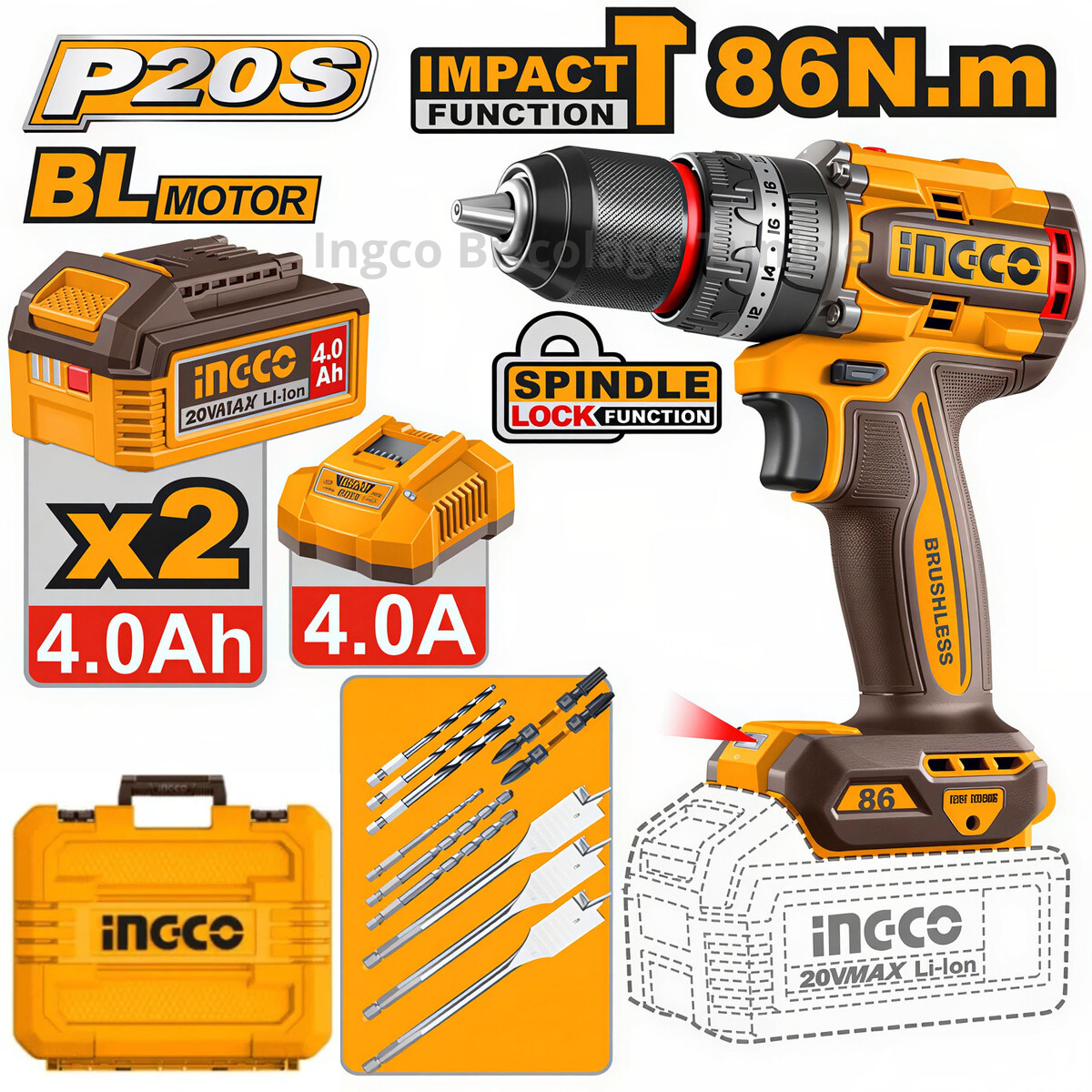 Visseuse à percussion sans fil et sans balais 20V 86 Nm avec 2 batteries 4.0Ah, chargeur, forets et embouts en mallette de transport.