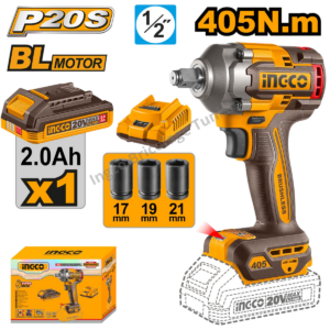 Clé à chocs sans fil INGCO 20V 405Nm avec moteur sans balais et carré 1/2"
