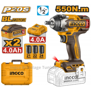 Clé à chocs sans fil INGCO 20V 550 Nm 1/2" avec moteur sans balais, offrant puissance élevée et autonomie prolongée pour travaux mécaniques et industriels