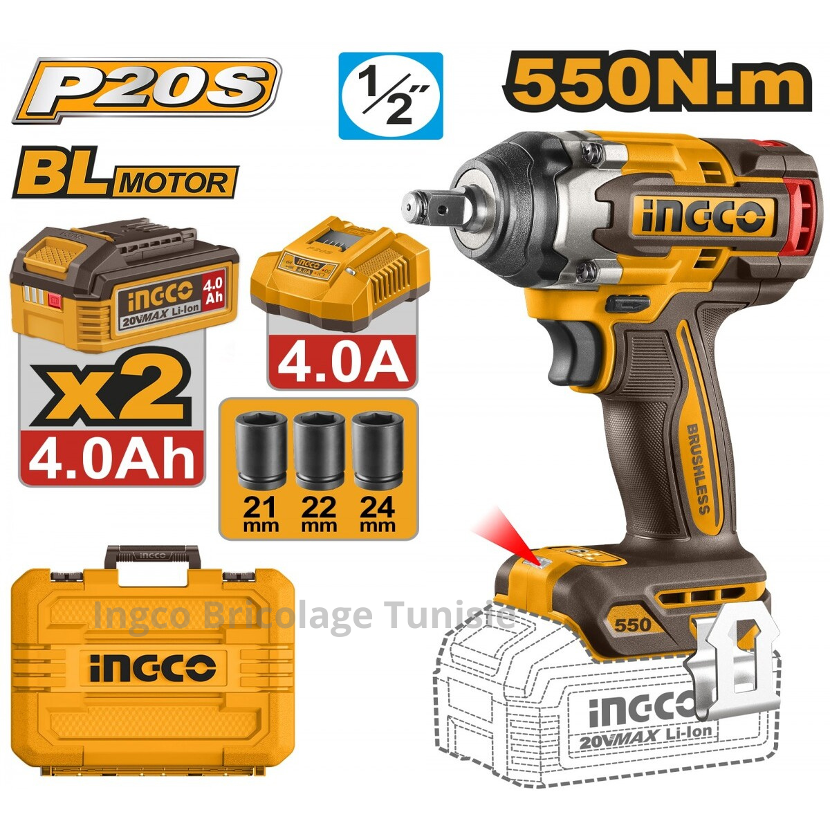 Clé à chocs sans fil INGCO 20V 550 Nm 1/2" avec moteur sans balais, offrant puissance élevée et autonomie prolongée pour travaux mécaniques et industriels