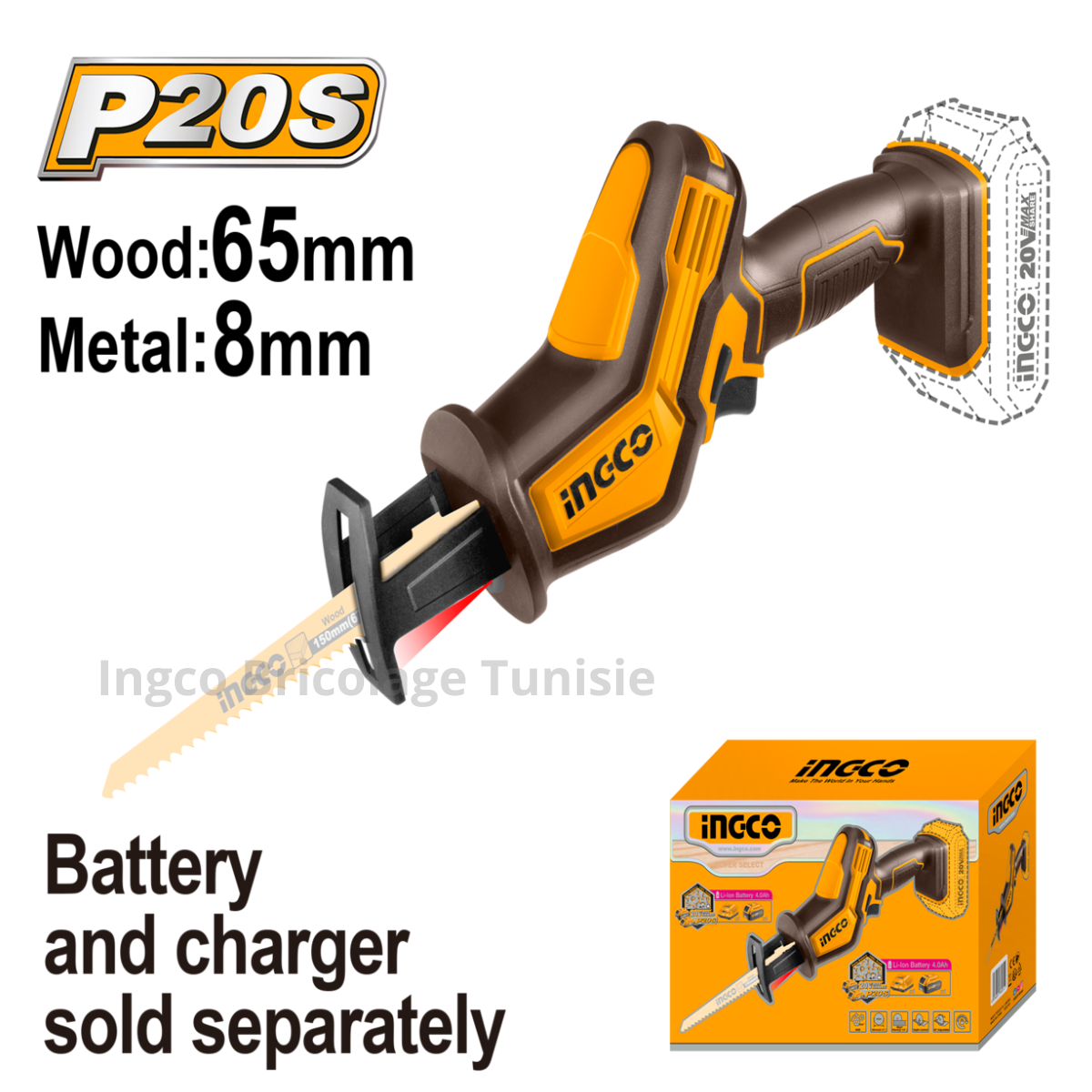 Scie alternative sans fil 20V INGCO avec éclairage intégré et capacité de coupe bois et métal.