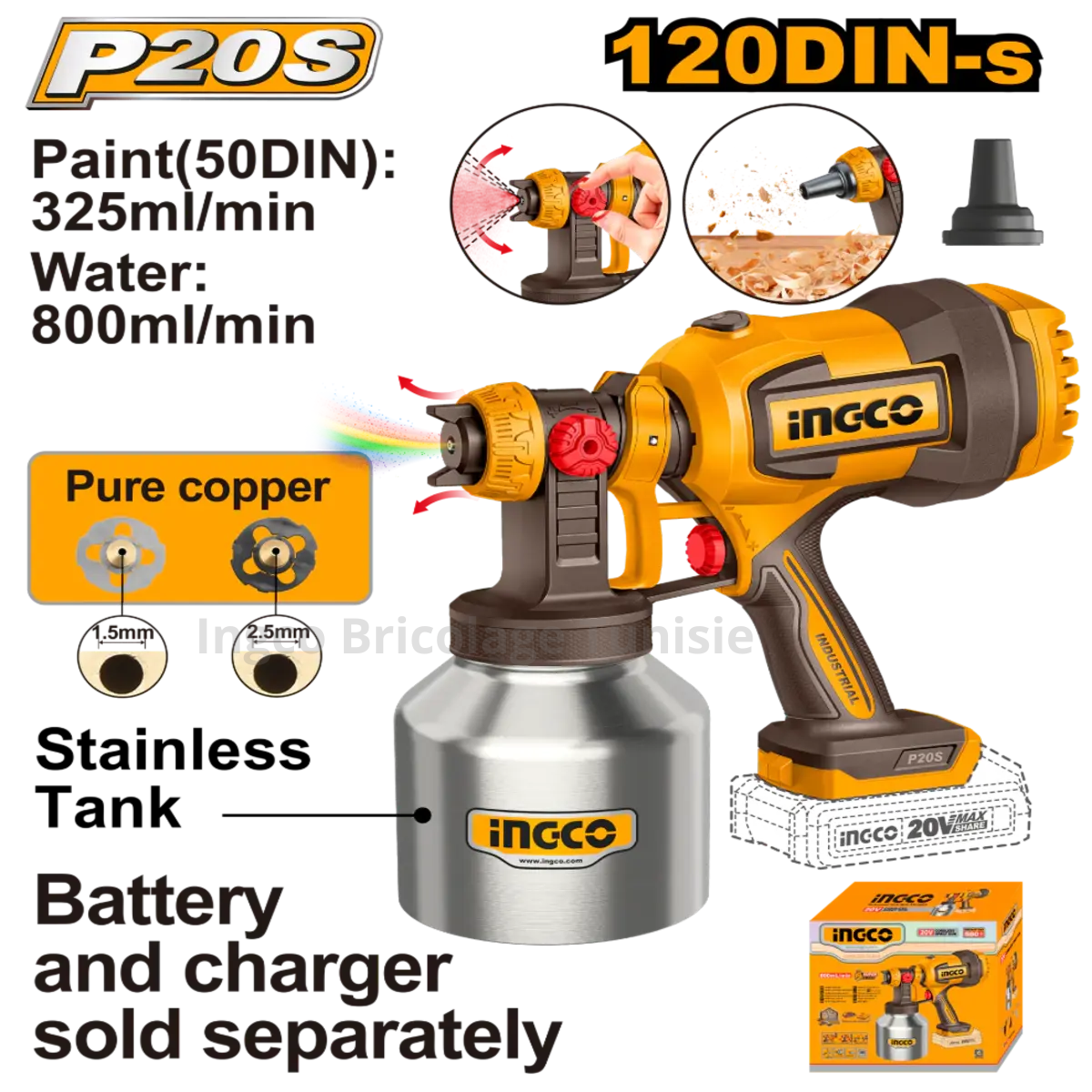 Pistolet à peinture sans fil INGCO 20V pour pulvérisation uniforme sur murs, bois et métal, idéal pour travaux de finition et retouches.