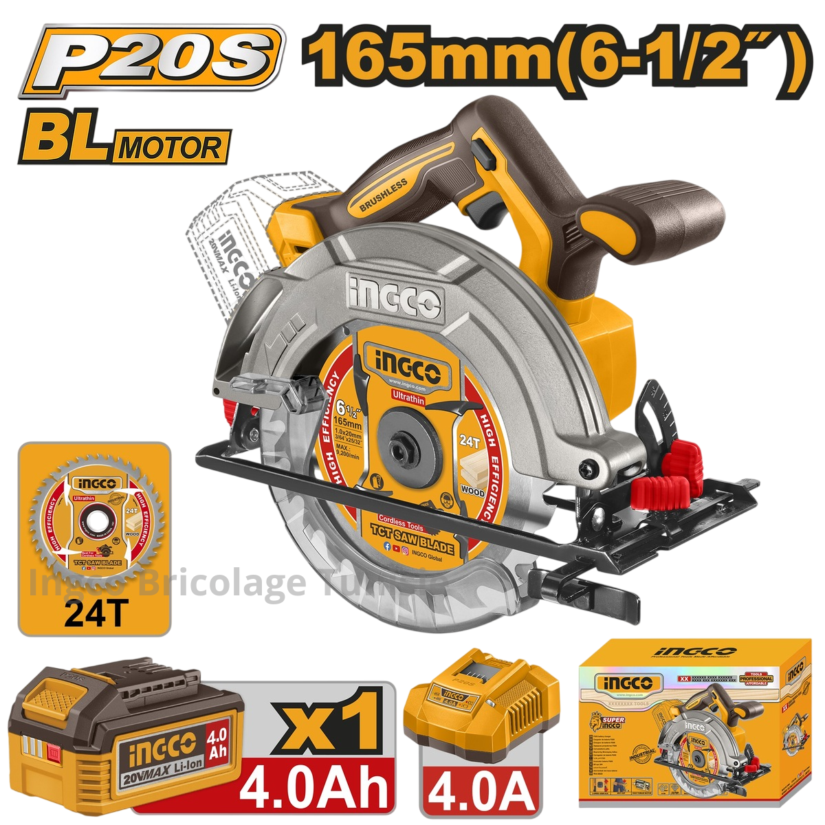 Scie circulaire INGCO 20V CSLI16523 avec lame 165 mm, moteur sans balais, idéale pour coupes précises et rapides