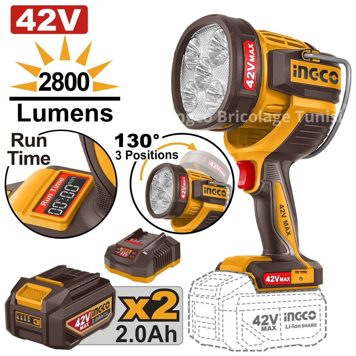 Lampe de travail INGCO 42V LED 2800 lumens avec tête orientable, batteries 2.0Ah et chargeur inclus