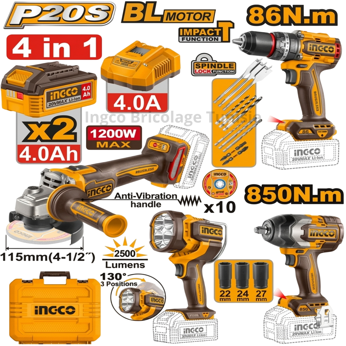 Kit outils sans fil INGCO INDUSTRIAL COSLI251192 4 pièces 20V