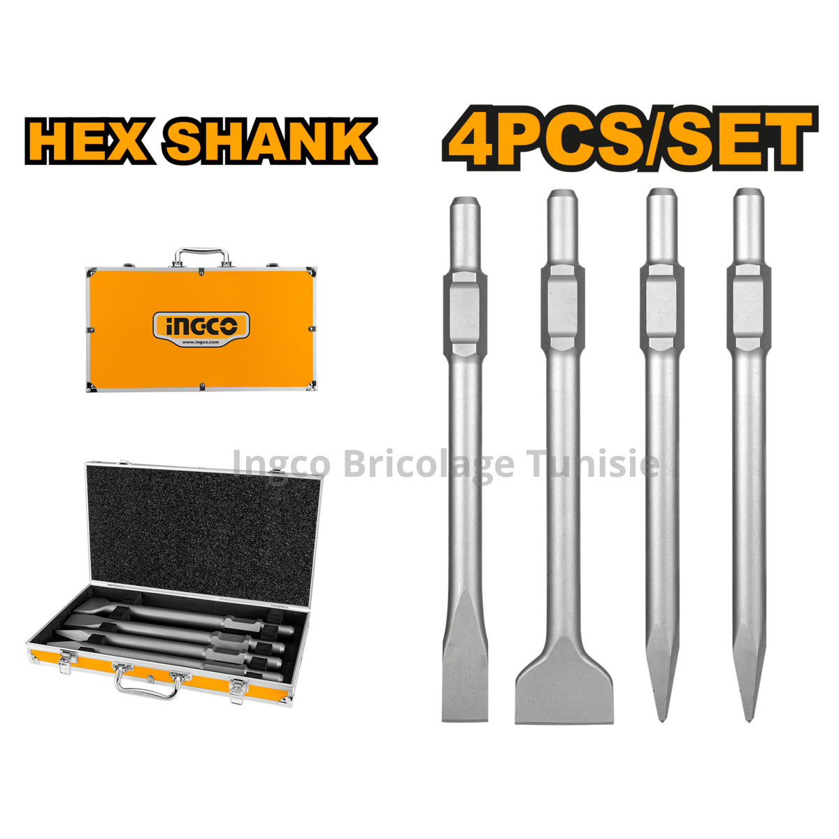 Jeu de 4 burins hexagonaux SDS HEX 30x400 mm avec burins pointus et plats