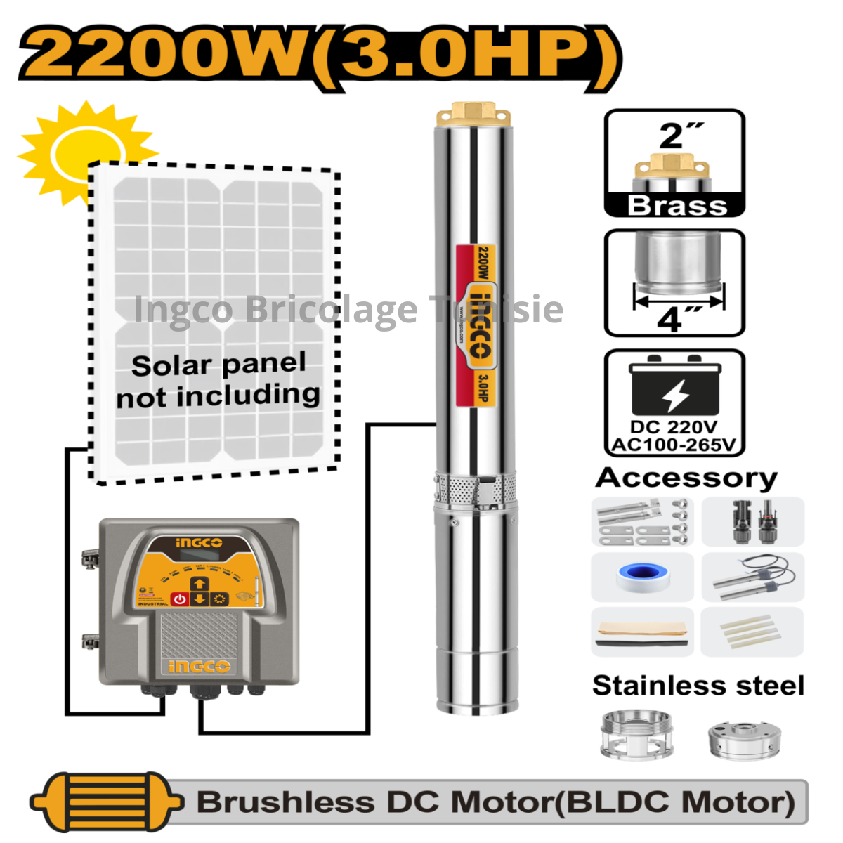 Pompe immergée solaire INGCO 4 pouces 2200W pour irrigation et alimentation en eau autonome.